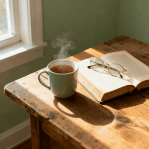 A cozy cup of hot tea and reading glasses sitting on a wooden table